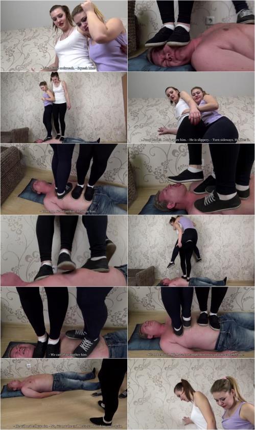Wow beautiful girls in jogger shoes tramples and stomps the slave, fuck he cant even breathe.