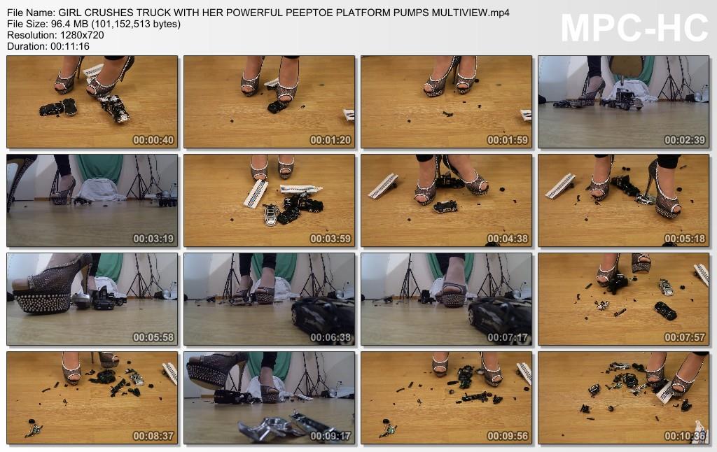 Girl crushes truck underneath powerful platform peep-toe pumps