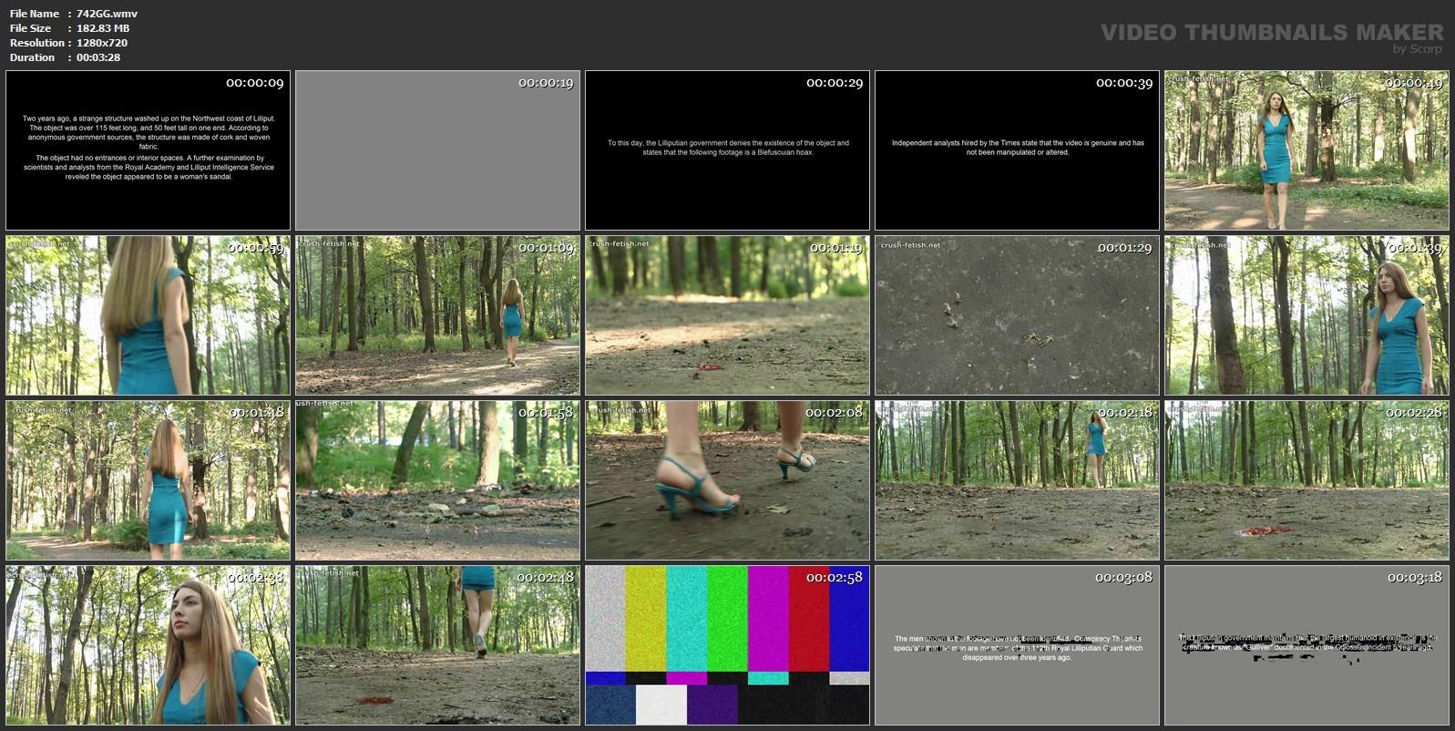 Girl crushing shrunken men in the park