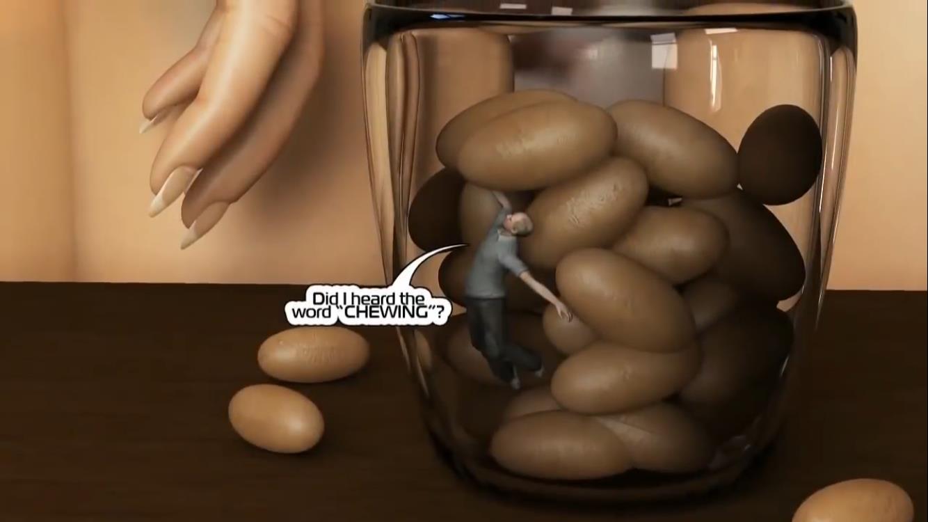 Unaware giantess chews tiny